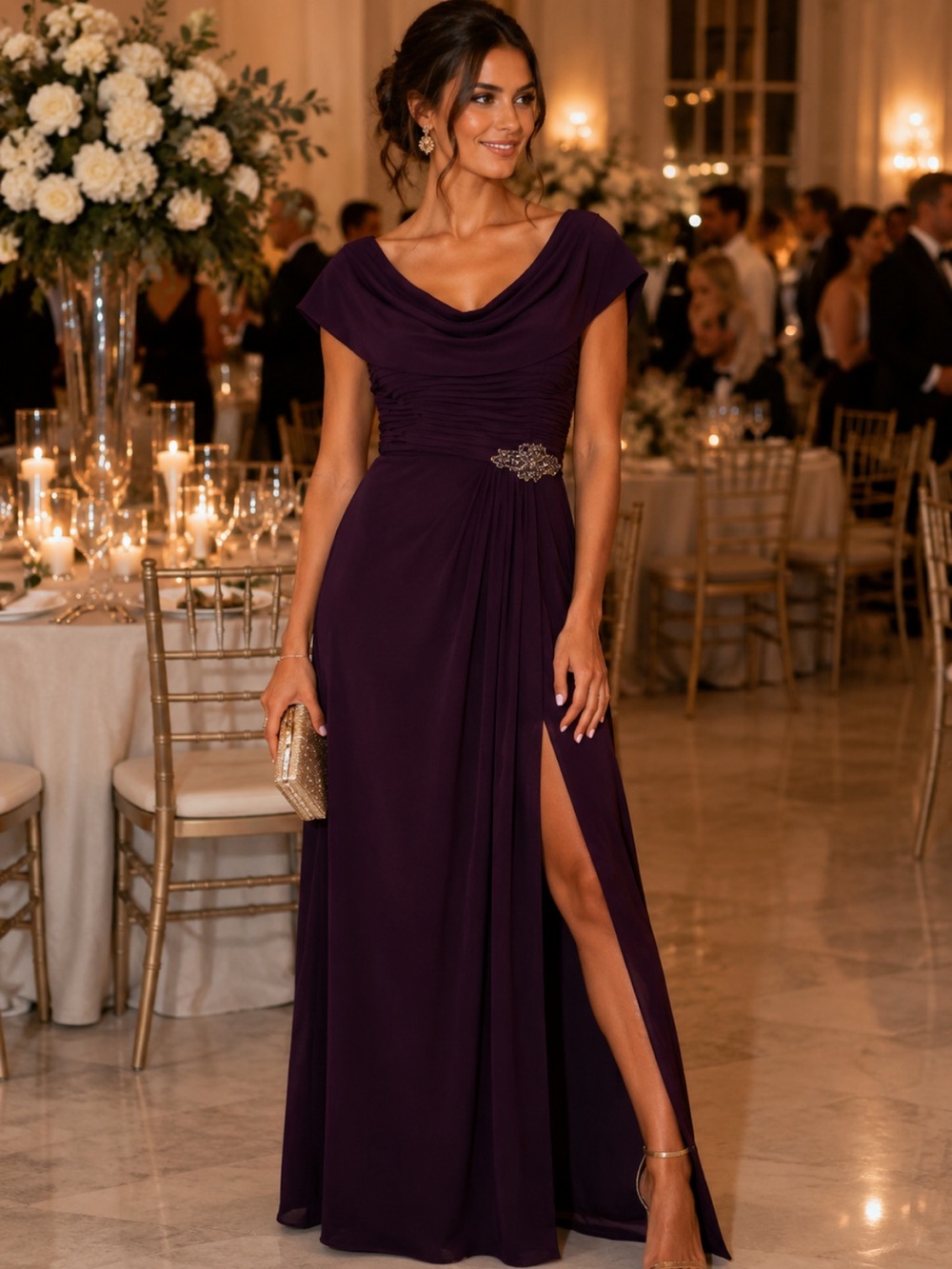 Alex Evenings Eggplant Cowl Neck Embellished Gown